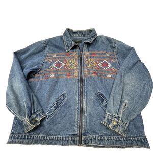 Vintage AGAN Denim Jacket Zip Up Embroidered Aztec Southwestern Orange Women 3X